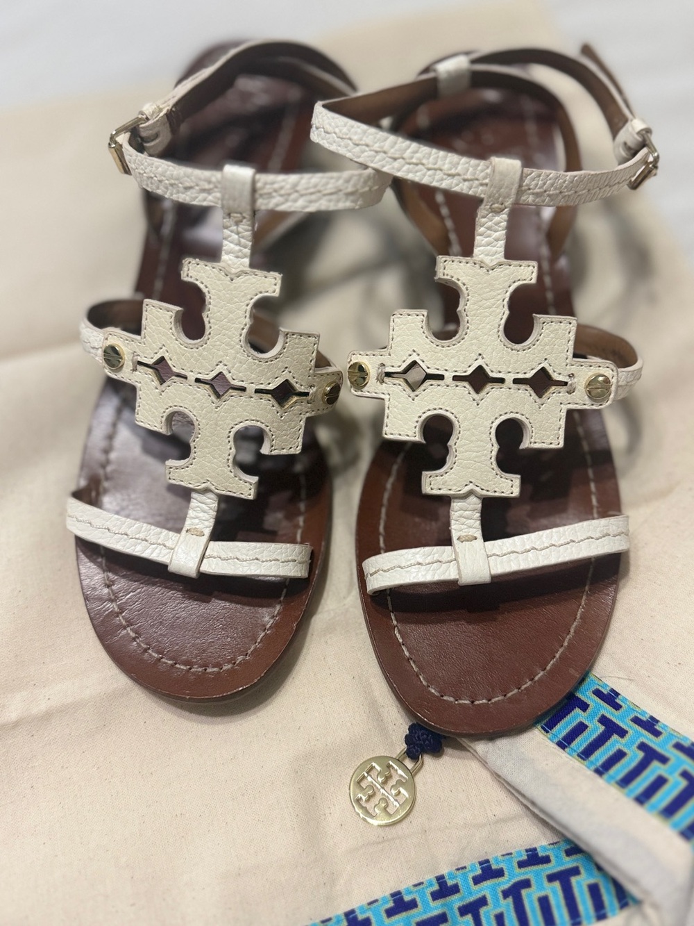 Tory Burch White Leather Logo T-Strap Sandals